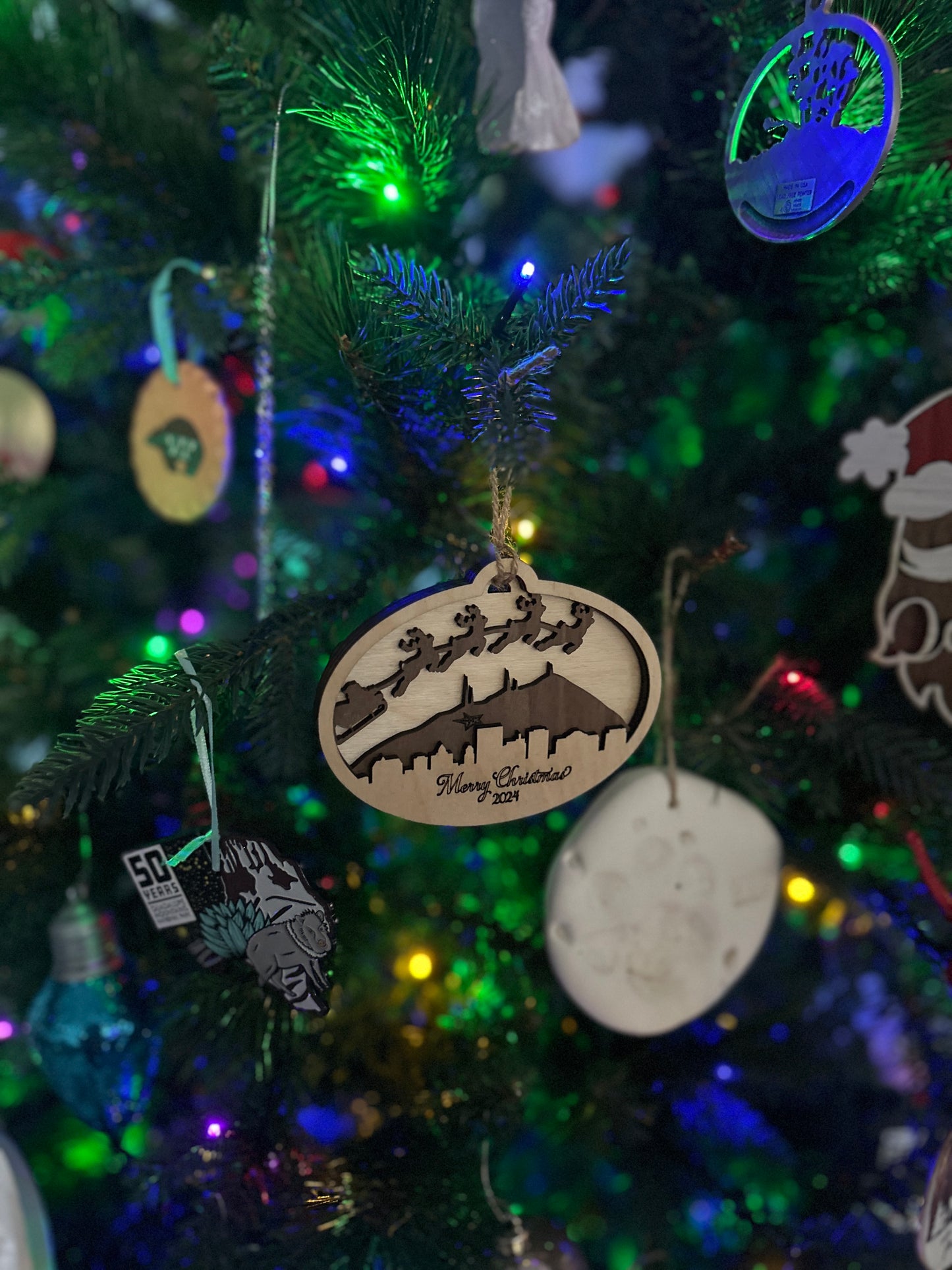 Layered Wooden Christmas Ornament | Santa and Reindeer over El Paso Skyline & Franklin Mountains
