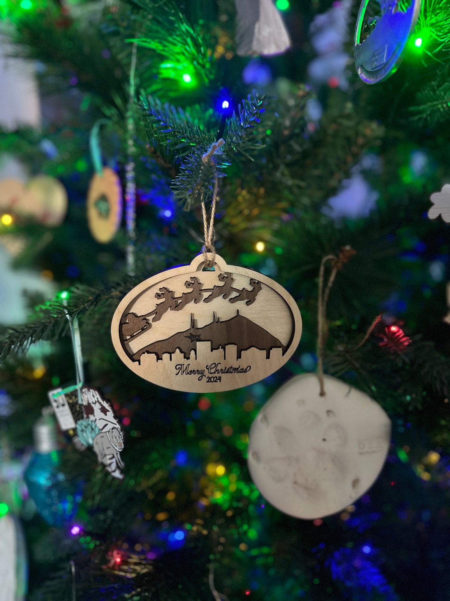 Layered Wooden Christmas Ornament | Santa and Reindeer over El Paso Skyline & Franklin Mountains