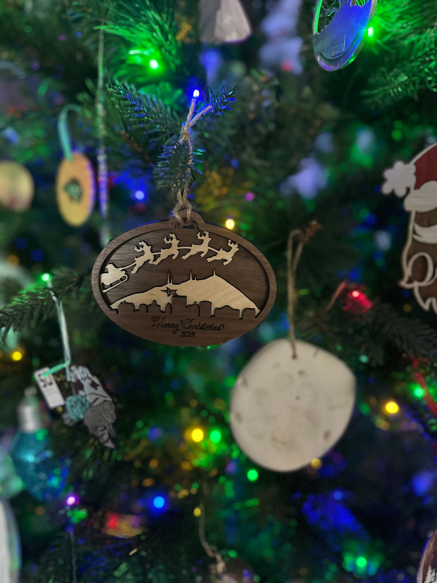 Layered Wooden Christmas Ornament | Santa and Reindeer over El Paso Skyline & Franklin Mountains