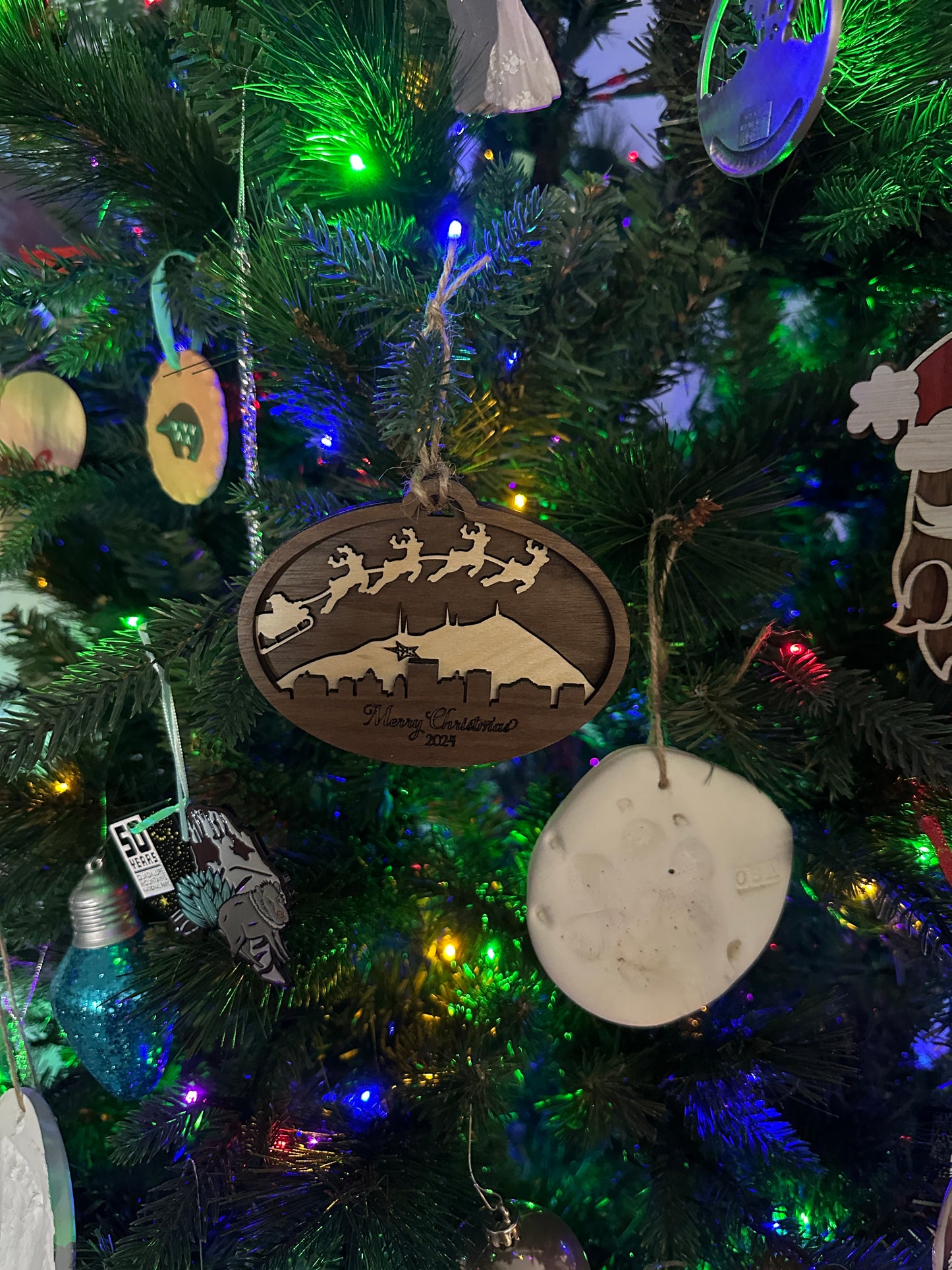 Layered Wooden Christmas Ornament | Santa and Reindeer over El Paso Skyline & Franklin Mountains