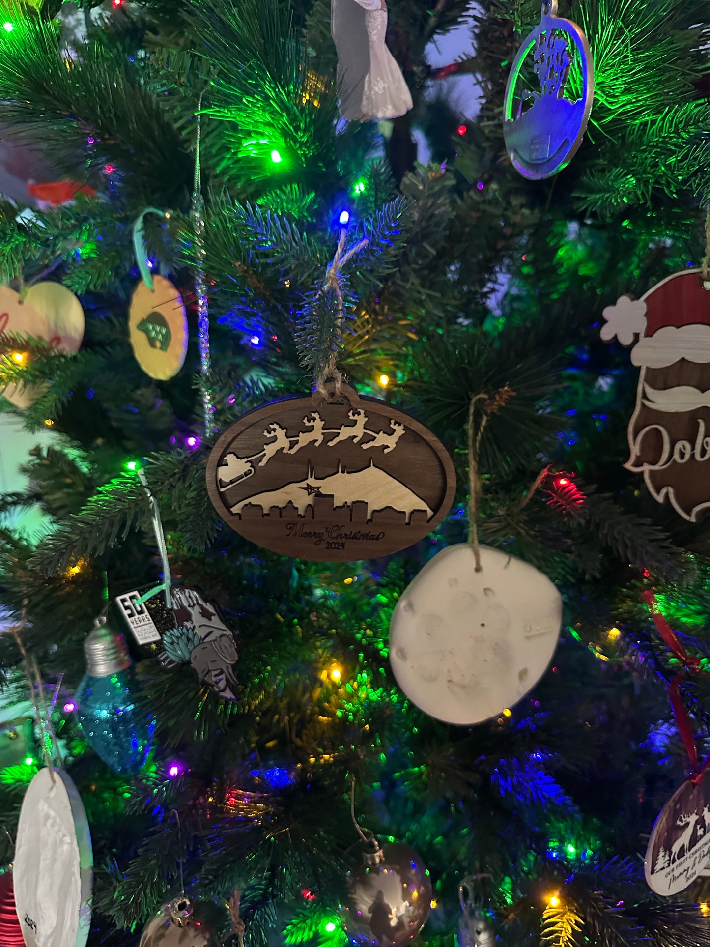 Layered Wooden Christmas Ornament | Santa and Reindeer over El Paso Skyline & Franklin Mountains