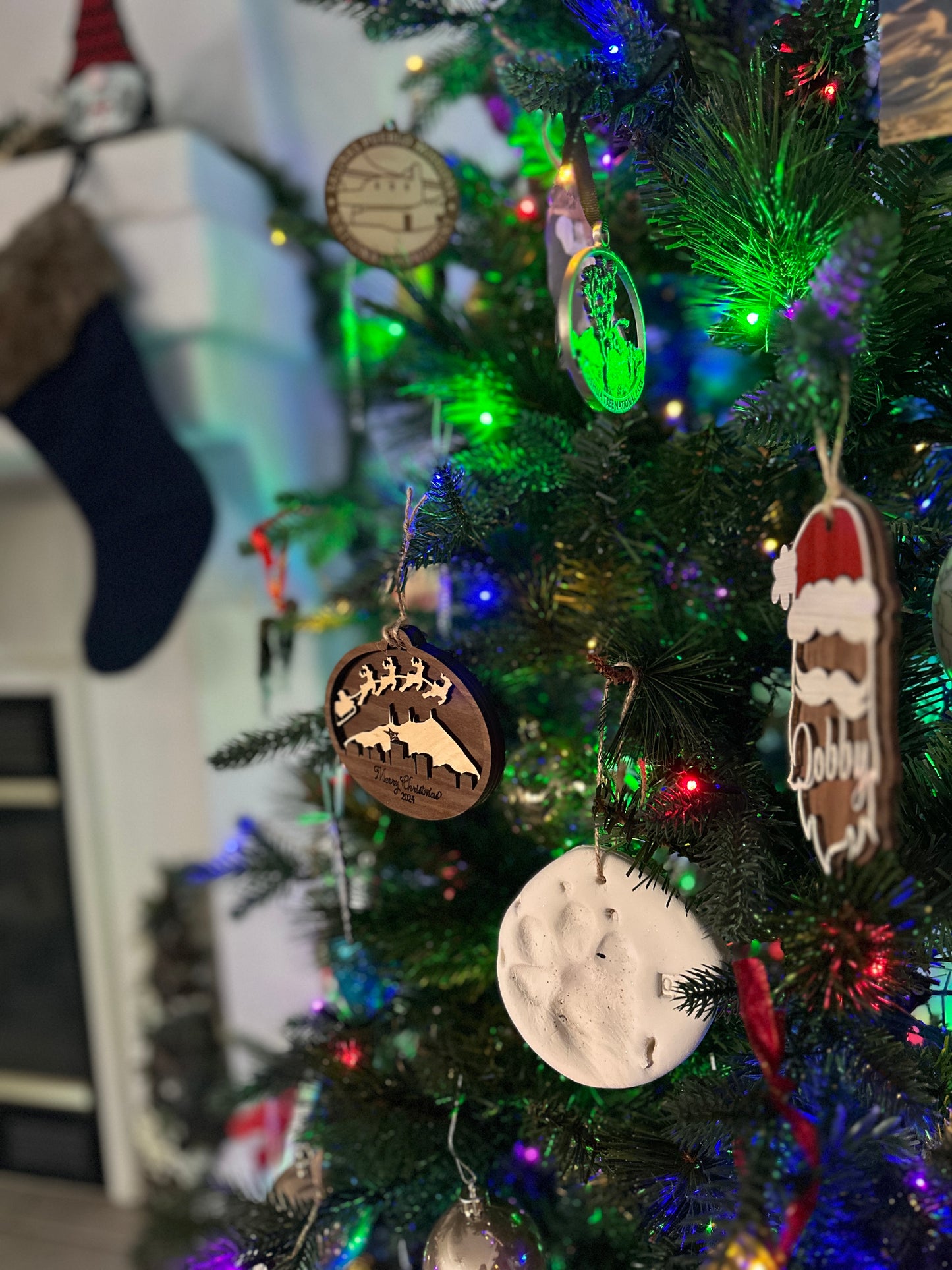 Layered Wooden Christmas Ornament | Santa and Reindeer over El Paso Skyline & Franklin Mountains