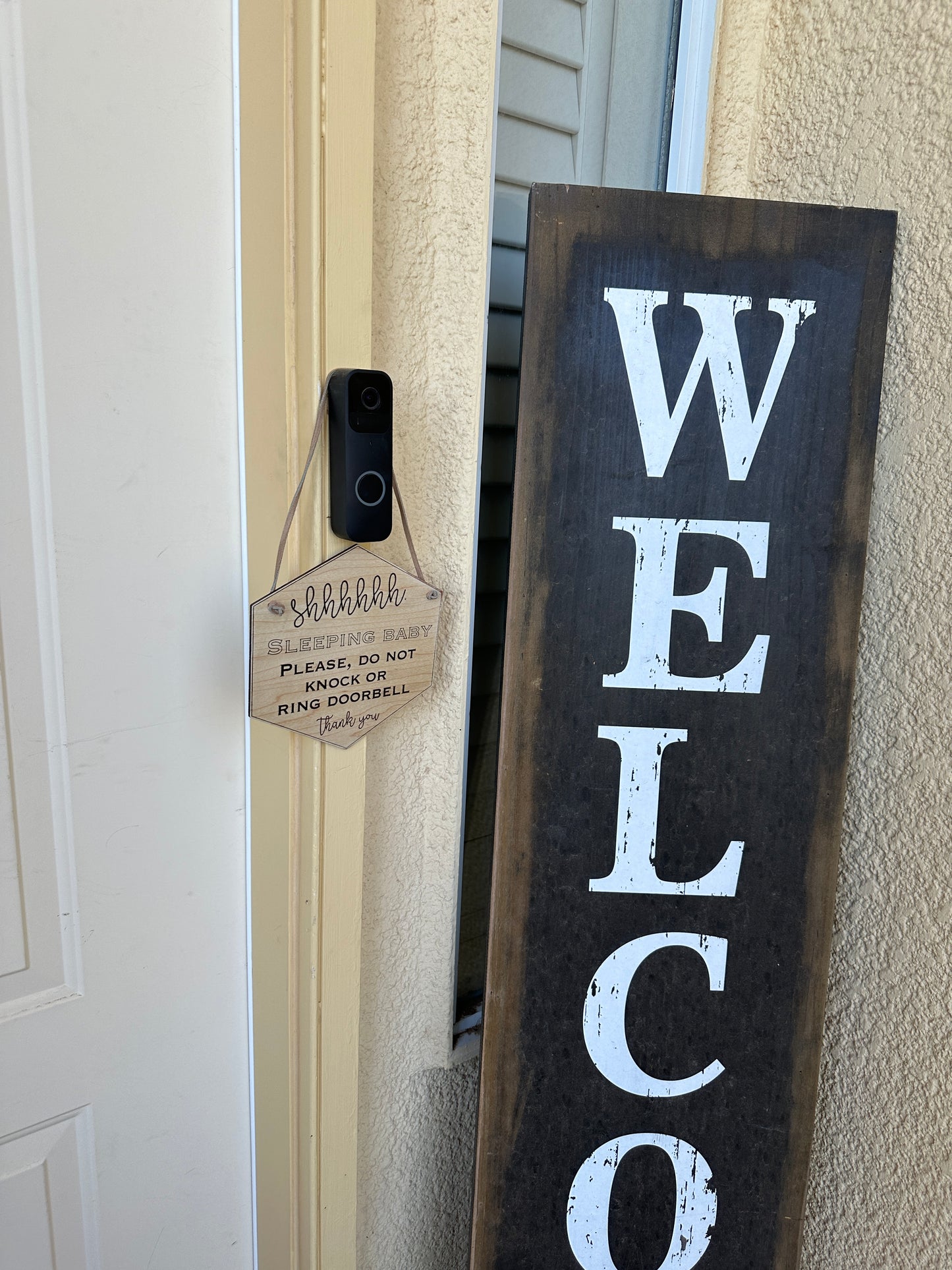 Sleeping Baby Door Sign – "SHHHHHH, Please Do Not Knock or Ring Doorbell" – 7" Wooden Front Door Sign with Hanging Options
